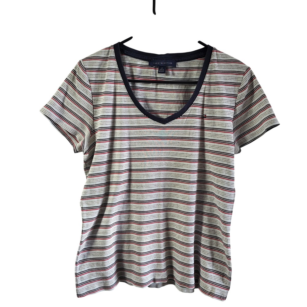 Tommy Hilfiger‎ Women's Striped V Neck T Shirt Size L G Yacht Preppy Classic
